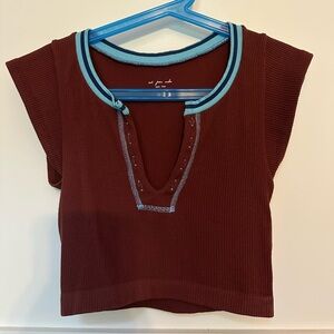 Urban Outfitters burgundy crop top with blue stitch detailing